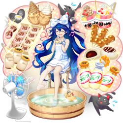 1girl alternate_costume barefoot bird black_cat blue_hair blush bottle bow bucket cat chair closed_eyes dango dress electric_fan feet flying_sweatdrops food food_print full_body game_cg hair_bow hardboiled_egg highres ice_cream kaenbyou_rin kaenbyou_rin_(cat) legs long_hair looking_at_viewer milk_bottle mitarashi_dango musical_note official_art on_chair open_mouth reiuji_utsuho reiuji_utsuho_(bird) rotte_(1109) rubber_duck sitting skewer smile soaking_feet soles solo speech_bubble steamed_bun third-party_source thought_bubble toenails toes touhou touhou_lostword translation_request transparent_background very_long_hair wading wagashi water white_bow white_dress wooden_bucket yogurt yorigami_jo&#039;on yorigami_shion yorigami_shion_(i_wanna_live_here!)