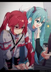 2girls alternate_hairstyle belt black_belt black_skirt black_sleeve_cuffs black_sleeves blue_eyes blue_hair blue_necktie buttons detached_sleeves double-breasted double-parted_bangs false_smile fin_gocco grey_jacket grey_shirt grey_skirt hair_between_eyes hand_mirror hatsune_miku highres holding holding_mirror indoors jacket kasane_teto kasane_teto_(sv) layered_sleeves long_sleeves mirror multiple_girls necktie open_mouth red_eyes red_hair red_trim shaded_face shirt shoulder_belt shoulder_boards sitting skirt sleeveless sleeveless_shirt smile striped_clothes striped_jacket sweat synthesizer_v teeth twintails upper_teeth_only utau vocaloid