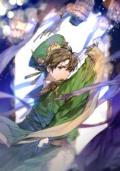 1990s_(style) 1boy brown_eyes brown_hair cardcaptor_sakura earrings from_side green_hat hair_between_eyes hat holding holding_sword holding_weapon jewelry li_xiaolang long_hair looking_at_viewer male_focus retro_artstyle short_hair signature solo sukja sword weapon