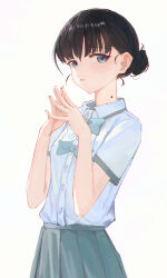 1girl absurdres basori_tiara black_hair blue_bow blue_bowtie blue_eyes blush bow bowtie collared_shirt grey_skirt haimaotuanzi hair_bun highres looking_at_viewer make_heroine_ga_oo_sugiru! mole mole_on_neck school_uniform shirt short_sleeves simple_background skirt solo white_background white_shirt