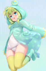 1girl animal_hood boots breasts green_hair highres hood hood_up one-piece_swimsuit original rain raincoat rubber_boots sasaame school_swimsuit small_breasts solo swimsuit thighhighs white_one-piece_swimsuit