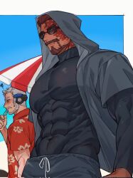 2boys beach_umbrella beard black_male_swimwear black_shirt blush brown_hair collared_shirt covered_abs covered_pectorals cowboy_shot dark-skinned_male dark_skin emiya_izumi eyes_visible_through_eyewear facial_hair floral_print food grey_hair grillmaster:_76 head-mounted_display highres holding holding_food holding_popsicle hooded_shirt layered_sleeves long_sleeves male_focus male_swimwear multiple_boys mustache navel official_alternate_costume open_clothes open_shirt overwatch pectorals popsicle print_shirt profile reaper_(overwatch) red_eyes red_shirt scar scar_on_face shirt short_over_long_sleeves short_sleeves sideburns soldier:_76_(overwatch) squiggle summer sunglasses swim_trunks tight_clothes umbrella