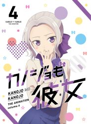 1girl blazer blue_skirt blush bow bowtie breasts collared_shirt dot_nose female_focus flat_chest grey_hair hair_bow hair_bun hand_on_own_face highres jacket kanojo_mo_kanojo kiryuu_shino long_hair long_sleeves looking_at_viewer miniskirt official_art open_mouth pleated_skirt purple_bow purple_bowtie purple_eyes school_uniform shirt single_hair_bun skirt small_breasts solo solo_focus white_shirt