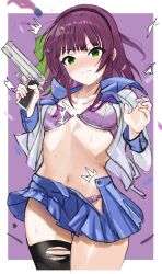 1girl ^^^ angel_beats! black_hairband black_thighhighs blue_skirt blunt_bangs blush border bow bra breasts closed_mouth commentary cowboy_shot embarrassed exploding_clothes floating_clothes floating_hair green_bow green_eyes gun hair_bow hairband handgun hands_up highres holding holding_gun holding_weapon long_sleeves looking_at_viewer medium_breasts medium_hair miniskirt nakamura_yuri navel nose_blush open_bra open_clothes open_shirt outside_border panties pleated_skirt purple_background purple_bra purple_hair purple_panties shinda_sekai_sensen_uniform shirt simple_background single_thighhigh skirt solo split_mouth stomach sweatdrop thigh_gap thighhighs torn_clothes torn_shirt torn_thighhighs underwear v-shaped_eyebrows w_arms wavy_mouth weapon white_border white_shirt zenoo zettai_ryouiki