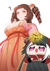 2girls 7d_nemuritai ? black_hair breast_envy breasts brown_eyes brown_hair chibi chinese_clothes cowboy_shot crying drill_hair english_text flower hair_bun hair_flower hair_ornament hands_on_own_chest hanfu highres jade_(gemstone) jewelry jia_xichun_(project_moon) large_breasts light_blush limbus_company long_hair looking_down multicolored_hair multiple_girls necklace orange_hanfu pink_eyes pink_sleeves project_moon qixiong_ruqun red_rope red_shrug red_sleeves rope simple_background small_breasts streaked_hair twin_drills two-tone_hair white_background white_hair xue_baochai_(project_moon)