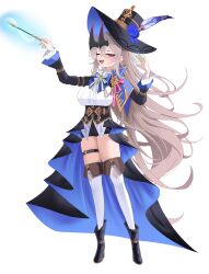 1girl 82jhin :d absurdres black_boots black_hat black_horns black_skirt blue_bow blue_bowtie blue_skirt blush boots bow bowtie breasts brooch commentary_request crossed_bangs double-parted_bangs flower frills full_body gem green_brooch green_gemstone grey_hair hair_between_eyes hands_up hat hat_feather hat_flower highres holding holding_wand horns jewelry large_breasts long_hair long_sleeves looking_at_viewer magic one_eye_closed open_mouth original pink_eyes shirt showgirl_skirt simple_background skirt smile solo thighhighs treble_clef two-tone_skirt very_long_hair wand white_background white_shirt white_thighhighs