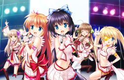 5girls :d :o ^_^ absurdres adapted_costume ahoge arm_up armband back_bow bare_shoulders black_hair blonde_hair blue_bow blue_choker blue_eyes blush boots bow breasts brown_footwear brown_hair choker closed_eyes collarbone colored_eyepatch concert cowboy_shot dancing dress eyepatch eyes_visible_through_hair flower frilled_armband frilled_gloves frilled_sleeves frills frown furrowed_brow game_cg gloves green_armband green_choker green_ribbon hair_between_eyes hair_bow hair_flower hair_intakes hair_ornament hair_ribbon hand_on_own_hip hand_up highres holding holding_microphone idol idol_clothes index_finger_raised kanbe_kotori knee_boots konohana_lucia large_breasts light_brown_hair lightning_bolt_symbol long_hair long_sleeves looking_at_viewer microphone miniskirt multiple_girls music nakatsu_shizuru navel neckerchief nonaka_masayuki official_art one_eye_covered ootori_chihaya open_clothes open_mouth open_shirt orange_hair pink_dress pink_flower pink_skirt pleated_skirt ponytail purple_armband purple_bow red_bow red_neckerchief rewrite ribbon saturday_night_fever senri_akane shirt sidelocks singing skirt sleeveless sleeveless_shirt small_breasts smile stage standing standing_on_one_leg stomach straight_hair thighhighs twintails two_side_up tying_footwear very_long_hair wavy_hair white_gloves white_thighhighs wide_sleeves yellow_choker yellow_eyes zettai_ryouiki