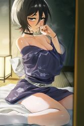 Rule 34 | 1girl, absurdres, bare legs, black choker, black hair, black nails, bleach, blush, bracelet, breasts, choker, cleavage, commentary, english commentary, hair between eyes, highres, indoors, japanese clothes, jewelry, kimono, kuchiki rukia, legs, looking at viewer, no shoes, off shoulder, print kimono, purple eyes, purple kimono, short hair, sitting, small breasts, socks, solo, steaming body, sweat, tatami, thighs, waligner, wariza, white socks