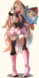 1girl absurdres black_thighhighs blonde_hair blue_eyes boots breasts cosplay cynthia_(pokemon) dawn_(pokemon) dawn_(pokemon)_(cosplay) full_body fur_cuffs gen_4_pokemon gible gible_(cosplay) grin highres holding holding_pokemon large_breasts miniskirt momdy_(talesshinja) nintendo pink_boots pink_skirt piplup pokemon pokemon_(creature) pokemon_dppt red_scarf scarf skirt smile solo standing struggling tears thighhighs v zettai_ryouiki