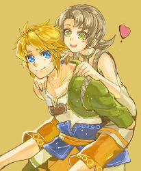 1boy 1girl barefoot bashikou blonde_hair blue_eyes brown_hair capri_pants carrying earrings green_eyes heart ilia jewelry link nintendo pants piggyback pointy_ears smile the_legend_of_zelda the_legend_of_zelda:_twilight_princess