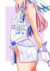 Rule 34 | 1girl, absurdres, amane kanata, amane kanata (heavenly guard mission), angel, angel wings, armpit crease, bare legs, cuffs, dress, gloves, gradient hair, grey hair, handcuffs, head out of frame, highres, hololive, long hair, multicolored hair, no panties, official alternate costume, partially fingerless gloves, pink hair, simple background, sleeveless, sleeveless dress, sweat, sweatdrop, virtual youtuber, walkie-talkie, wings, yuzu vt