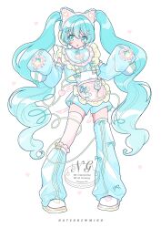 1girl :o animal_ear_hairband animal_ears apron asymmetrical_legwear blue_eyes blue_hair blue_jacket blue_shoes blue_shorts blue_socks blue_thighhighs blush_stickers cat_ear_hairband cat_ears character_name cherichuxx fake_animal_ears full_body hair_ornament hairband hairclip hands_up hashtag-only_commentary hatsune_miku highres jacket long_hair long_sleeves looking_at_viewer loose_socks mismatched_legwear open_mouth pink_apron pink_hairband shirt shoes shorts simple_background single_sock sleeves_past_fingers sleeves_past_wrists socks socks_over_thighhighs solo standing thighhighs track_jacket twintails very_long_hair vocaloid waist_apron watermark white_background white_shirt white_thighhighs