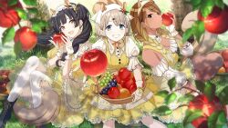 Rule 34 | apple, blue eyes, characters, dress, food, fruit, grapes, hair ornament, highres, idolmaster, idolmaster shiny colors, izumi mei, mayuzumi fuyuko, official art, serizawa asahi, straylight (idolmaster), tail, twintails