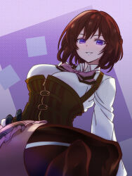 Rule 34 | 1girl, arm at side, assault lily, belt, belt buckle, black gloves, black thighhighs, braid, breasts, brown belt, brown hair, brown pantyhose, buckle, collared shirt, commentary, corset, crossed legs, digamma, feet out of frame, frilled skirt, frills, gloves, gradient background, grey background, grin, half up braid, halftone, halftone background, hand on own hip, highres, long sleeves, looking at viewer, ludvico private girls&#039; academy school uniform, medium breasts, multiple belts, pantyhose, parted lips, pink skirt, plaid clothes, plaid skirt, purple background, purple eyes, rectangle, school uniform, shirt, short hair, sitting, skirt, smile, solo, suspenders, takatori natalie towa, thighhighs, thighhighs over pantyhose, underbust, white shirt, zipper, zipper pull tab