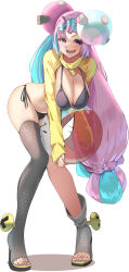 Rule 34 | 1girl, absurdres, ball, beachball, bikini, black bikini, blue hair, blush, bow-shaped hair, breasts, character hair ornament, cleavage, hair ornament, hexagon print, highres, holding, holding ball, holding beachball, iono (pokemon), jacket, large breasts, long hair, long sleeves, looking at viewer, momdy (talesshinja), multicolored hair, nintendo, open mouth, pink eyes, pink hair, pokemon, pokemon sv, sharp teeth, shrug (clothing), single thighhigh, sleeves past wrists, smile, solo, stomach, swimsuit, teeth, thighhighs, two-tone hair, yellow shrug