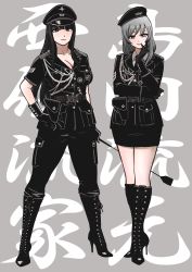 10s 2girls absurdres alternate_costume black_eyes black_footwear black_gloves black_hair black_jacket black_pants black_skirt boots breasts chain cleavage closed_mouth commentary_request girls_und_panzer gloves grey_background grey_hair hand_in_pocket hand_on_own_hip hand_up hat high_heel_boots high_heels highres hone_(honehone083) insignia jacket lace-up_boots large_breasts legs_apart long_sleeves mature_female military military_uniform miniskirt multiple_girls nazi nishizumi_shiho pants peaked_cap pencil_skirt shimada_chiyo short_sleeves skirt standing stiletto_boots stiletto_heels translation_request