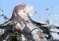 blue_sky blunt_bangs bow bright_pupils brown_hair crying crying_with_eyes_open dress eyelashes glitch hair_bow long_hair louise_(nier) meru02295238 nier nier_(series) parted_lips red_eyes sky straight_hair tears teeth upper_body white_bow white_dress white_pupils