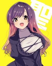 Rule 34 | 1girl, belc marron, black dress, blonde hair, breasts, dress, gradient eyes, gradient hair, highres, hijiri byakuren, large breasts, long hair, long sleeves, looking at viewer, multicolored eyes, multicolored hair, open mouth, orange hair, purple eyes, purple hair, smile, solo, sweater, touhou, turtleneck, turtleneck sweater, two-tone background, upper body, white background, white sweater, yellow background, yellow eyes
