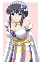 1girl arms_behind_back belt black_hair breasts bridal_veil bride brooch choker cleavage dress earrings fire_emblem fire_emblem:_genealogy_of_the_holy_war fire_emblem_heroes highres jewelry larcei_(bride_of_astra)_(fire_emblem) larcei_(fire_emblem) large_breasts looking_at_viewer nintendo pelvic_curtain pink_background sentihistory short_hair sidelocks simple_background smile solo strapless strapless_dress thighs tiara tomboy veil wedding_dress white_dress