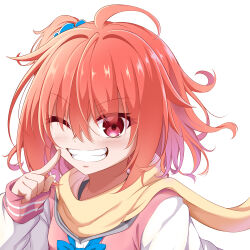 1girl ;d absurdres ahoge alternate_hair_length alternate_hairstyle blue_bow blue_bowtie blue_scrunchie bow bowtie close-up commentary eyes_visible_through_hair fang grin hair_between_eyes hair_ornament hair_scrunchie hand_up happy highres inaba_meguru index_finger_raised looking_at_viewer medium_hair one_eye_closed one_side_up open_mouth orange_hair pointing pointing_at_self red_eyes sanoba_witch scarf scrunchie simple_background sleeves_past_wrists smile solo suzukihiko7610 v-shaped_eyebrows white_background white_sleeves yellow_scarf