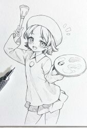 1girl adeleine art_tools_in_frame collared_shirt commentary_request graphite_(medium) greyscale hat highres holding holding_paint_palette holding_paintbrush kirby_(series) kirby_64 looking_at_viewer monochrome nintendo notice_lines open_mouth paint_palette paintbrush seishun_dendeke shirt short_hair skirt smile solo standing traditional_media