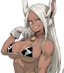 1girl animal_ears animal_print bikini black_bikini boku_no_hero_academia breasts brown_eyes cow_print cow_print_bikini enji_masterpie grey_hair highres large_breasts long_hair mirko multicolored_bikini print_bikini rabbit_ears rabbit_girl simple_background smirk solo swimsuit two-tone_bikini upper_body white_background white_bikini