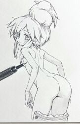 1girl art_tools_in_frame ass big_hair breasts character_request commentary_request completely_nude copyright_request eyelashes freckles graphite_(medium) greyscale highres leaning_forward long_hair looking_at_viewer looking_back median_furrow monochrome nude seishun_dendeke small_breasts solo traditional_media