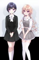 Rule 34 | 2girls, absurdres, black hair, black shirt, black skirt, blunt bangs, blush, brown hair, commentary request, commission, feet out of frame, grey skirt, highres, idolmaster, idolmaster cinderella girls, long hair, looking at viewer, midriff, multiple girls, ninomiya asuka, nuno kire, own hands together, pink eyes, pixiv commission, shirayuki chiyo, shirt, short hair, skirt, smile, socks, thighhighs, very long hair, white shirt, white socks, white thighhighs, zettai ryouiki