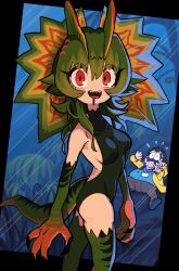 1girl absurdres animal_print bare_shoulders black_footwear claws dilophosaurus dinosaur elbow_gloves flying_sweatdrops gashi-gashi gloves green_hair highres id_card jacket jurassic_park leotard long_hair looking_at_viewer open_clothes open_jacket open_mouth pants parody personification rain red_eyes scared sharp_teeth smile tail teardrop teeth thighhighs vegetation yellow_jacket