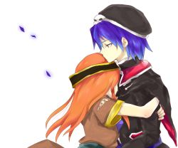 1boy 1girl blue_hair chrono_(series) chrono_cross dress hair_ornament hat hetero hug leena_(chrono_cross) long_hair lynx mituihisasi orange_hair red_eyes serge_(chrono_cross) short_hair