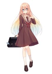 1girl aqua_eyes blonde_hair bow briefcase brown_dress brown_shoes closed_mouth collarbone dot_nose double_helix dress eyes_visible_through_hair fingernails full_body glasses gradient_hair hand_up highres holding holding_briefcase light_blush loafers long_hair long_sleeves looking_at_viewer medium_dress mole mole_under_mouth multicolored_hair pleated_dress red-framed_eyewear red_bow shiromikan shoes simple_background smile socks solo sora_sakurano swept_bangs transparent_background very_long_hair voicepeak white_hair white_socks