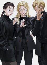 1boy 2girls amuro_tooru black_jacket black_pants black_skirt black_sweater blonde_hair blue_eyes commentary dark-skinned_male dark_skin earrings english_commentary hand_on_own_hip highres holding holding_removed_eyewear jacket jewelry light_smile meitantei_conan mizunashi_rena multiple_girls one_eye_closed pants pantyhose ponytail profile purple_nails red_lips roru_(lol_dessin) short_hair signature simple_background skirt sweater turtleneck turtleneck_sweater unworn_eyewear vermouth_(meitantei_conan) white_background