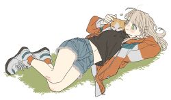 1girl black_shirt blonde_hair blue_shorts cat dayama denim denim_shorts full_body grey_shoes heart highres jacket kaburaki_roco midriff navel nijisanji on_grass orange_jacket orange_socks shirt shoes shorts simple_background socks solo white_background