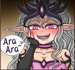 1girl ara_ara bare_shoulders black_gloves blush breasts choker cleavage commentary drooling english_commentary fingerless_gloves gloves grey_hair hand_on_own_cheek hand_on_own_face highres idiot_of_the_east large_breasts long_hair open_mouth pink_choker pink_eyes pointy_ears portrait slaanesh smile solo warhammer_40k wavy_hair