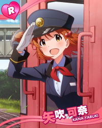 Rule 34 | 10s, 1girl, blush, brown hair, character name, female focus, gloves, hair ornament, hat, idolmaster, idolmaster million live!, kawakami tetsuya, looking at viewer, official art, open mouth, peaked cap, salute, short hair, smile, solo, train, train attendant, travel attendant, uniform, white gloves, yabuki kana, yellow eyes