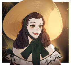 Rule 34 | 1girl, 2020s, 2024, black hair, dress, female focus, gone with the wind, green eyes, green ribbon, hat, highres, looking to the side, martacrybaby, open mouth, ribbon, scarlett o&#039;hara, vintage clothes, white dress