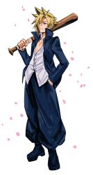 Rule 34 | 1boy, baggy pants, bandage on face, bandages, baseball bat, blonde hair, blue eyes, blue jacket, blue pants, boots, cloud strife, delinquent, earrings, expressionless, falling petals, final fantasy, final fantasy vii, final fantasy vii ever crisis, full body, gakuran, hand in pocket, high collar, highres, holding, holding baseball bat, jacket, jewelry, keiseki1, male focus, official alternate costume, open clothes, open jacket, over shoulder, pants, partially unbuttoned, petals, pink petals, school uniform, shirt, short hair, simple background, solo, spiked hair, standing, stud earrings, weapon, weapon over shoulder, white background, white shirt
