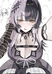 2girls :q absurdres arm_strap black_arm_warmers black_choker black_dress black_hair breasts choker cleavage dress ewn female_pov grey_hair heart highres hololive hololive_english huge_breasts long_hair looking_at_viewer multicolored_hair multiple_girls nerissa_ravencroft nerissa_ravencroft_(1st_costume) pov ribbon shiori_novella shiori_novella_(1st_costume) solo_focus split-color_hair striped_arm_warmers tongue tongue_out two-tone_hair virtual_youtuber white_ribbon yellow_eyes yuri