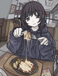 1girl :3 absurdres androgynous bags_under_eyes black_eyes brown_hair cheese cheese_trail choppy_bangs dumpling eating fisheye food food_on_face gudon_udon half-closed_eyes hamburger_steak highres holding_utensil hood hoodie jiaozi light_smile messy_hair original pale_skin pov_across_table restaurant solo table