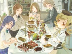 10s 5girls :d amagami aqua_eyes badge banana basket beret black_bow black_bowtie black_gloves black_hat black_ribbon blazer blonde_hair blue_bow blue_bowtie blue_eyes blue_hair blue_skirt blush board bottle bottomless bouquet bow bowtie braid breasts brown_eyes brown_hair cake cake_slice chair cherry chocolate chocolate_cake clock closed_mouth coffee_grinder collared_shirt corset crossover cup curtains desert dessert detached_sleeves dragon_fruit drawer dress_shirt drill_hair drinking_glass envelope eyebrows eyelashes fingerless_gloves flower food food_request framed fruit fur_trim gloves grandfather_clock grapes grass green_necktie hair_flower hair_ornament hair_ribbon hair_scrunchie hat head_tilt head_wreath highres holding holding_cup holding_spoon idolmaster idolmaster_cinderella_girls indoors jacket jam jar juice kitchen kiwi_(fruit) large_breasts letter long_sleeves love_live! love_live!_school_idol_project low_twintails lynette_bishop macaron mahou_shoujo_madoka_magica mahou_shoujo_madoka_magica_(anime) mangosteen melon mimura_kanako miniskirt multiple_crossover multiple_girls necktie no_pants note nut_(food) on_chair open_mouth paper parfait pasta pastry photo_(object) picture_frame plaid_clothes plaid_skirt plant plate pleated_skirt potted_plant purple_eyes red_eyes ribbon sakurai_rihoko saucer scrunchie serving shirt short_hair short_sleeves silver_hair single_braid sitting skirt smile spaghetti spoon strawberry strawberry_parfait strike_witches sweater sweater_vest swept_bangs table tea tea_party teacup teapot tiered_tray tojo_nozomi tomiwo tomoe_mami tomoe_mami_(magical_girl) tray twin_drills twintails watermelon white_shirt window world_witches_series yellow_bow yellow_eyes yellow_ribbon yellow_skirt