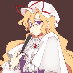 1girl blonde_hair bolos brown_background closed_mouth collar dress frilled_collar frilled_hat frilled_sleeves frills hand_fan hat hat_ribbon holding holding_fan long_hair mob_cap purple_dress purple_eyes red_ribbon ribbon sidelocks solo touhou white_collar white_sleeves yakumo_yukari