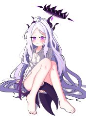 1girl absurdres ahoge barefoot black_halo blue_archive blush demon_girl demon_horns demon_wings full_body halo highres hina_(blue_archive) horns long_hair looking_at_viewer naked_shirt purple_eyes shirt simple_background sitting solo user_pskz2755 white_background white_hair white_shirt wings