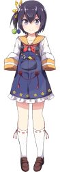 Rule 34 | 1girl, black hair, blue overalls, blush, brown shoes, closed mouth, full body, hair between eyes, hair ornament, kanzanji moko, neckerchief, official art, onsen musume, overalls, purple eyes, red neckerchief, shirt, shoes, simple background, sleeves past fingers, sleeves past wrists, smile, socks, solo, standing, transparent background, ukami, white shirt, white socks, wrench, yellow neckerchief