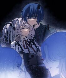1boy 25-ji_kaito 25-ji_miku 3girls asahina_mafuyu asahina_mafuyu&#039;s_mother black_background blue_eyes blue_hair blurry blurry_foreground censored collared_shirt commentary_request digital_dissolve disgust furrowed_brow glitch glitch_censor hand_on_another&#039;s_face hatsune_miku highres kaito_(vocaloid) libertyp long_hair multiple_girls neck_ribbon project_sekai ribbon shirt short_hair tearing_up twintails vocaloid white_hair