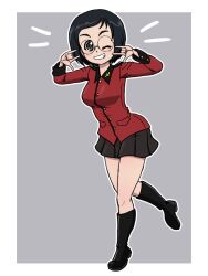 Rule 34 | 1girl, black hair, blush, breasts, full body, girls und panzer, glasses, grey background, grey eyes, grin, katsuya megu, large breasts, looking at viewer, military uniform, one eye closed, short hair, simple background, smile, solo, st. gloriana&#039;s military uniform, takahashi kurage, wink