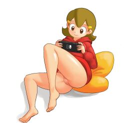 Rule 34 | 1girl, 2019, 5-volt, barefoot, bottomless, brown eyes, brown hair, cameltoe, feet, highres, hood, hoodie, mature female, minuspal, nintendo, nintendo switch, panties, playing games, shiny skin, simple background, smile, solo, thighs, underwear, warioware