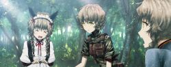 3girls alternate_costume amane_suzuha amane_suzuha_(beta) ammunition_pouch animal_ears apron armband belt belt_pouch bent_over black_skirt blue_fire blue_jacket body_armor braid breasts brown_hair bush buttons camouflage camouflage_jacket cat_ears clone closed_eyes closed_mouth collar collar_tabs cooking digital_camouflage dress enmaided fake_animal_ears fire forest frilled_collar frilled_dress frilled_hairband frilled_skirt frills game_cg gas grass green_jacket hair_between_eyes hair_rings hair_tie hairband happy high_collar highres huke jacket leaf load_bearing_vest long_skirt long_sleeves looking_at_another maid maid_apron maid_headdress mayqueen_maid_uniform medium_breasts military_combat_uniform military_fatigues military_uniform multiple_girls nature non-web_source official_art on_one_knee open_mouth outdoors pink_lips pouch puffy_short_sleeves puffy_sleeves red_collar_tabs red_ribbon ribbon ribbon-trimmed_collar ribbon-trimmed_corset ribbon-trimmed_hairband ribbon-trimmed_sleeves ribbon_trim ringed_eyes serious shiny_lips short_sleeves skirt soldier square_pupils squatting steins;gate steins;gate:_linear_bounded_phenogram sunlight surprised tongue track_jacket twin_braids twintails white_apron white_dress woodland_camouflage wrist_cuffs yellow_eyes zipper zipper_pull_tab