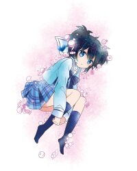 1girl black_hair blue_bow blue_bowtie blue_eyes blue_shirt blue_skirt blue_socks bow bowtie candy chocolate commentary_request dot_nose fetal_position food full_body hair_between_eyes happy_sugar_life heart high-waist_skirt hugging_own_legs kagisora_tomiyaki kneehighs koube_shio light_blush light_particles long_sleeves lying messy_hair miniskirt official_art on_side own_hands_together parted_lips plaid_clothes plaid_skirt pleated_skirt sailor_collar school_uniform second-party_source serafuku shirt short_hair skirt socks solo striped_bow striped_bowtie striped_clothes two_side_up white_background white_sailor_collar white_sleeve_cuffs