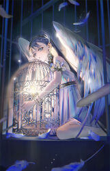 Rule 34 | 1girl, angel wings, bare shoulders, birdcage, black hair, blue eyes, cage, dress, feathered wings, feathers, feet out of frame, highres, long hair, looking at viewer, original, parted lips, short sleeves, sitting, solo, white dress, white wings, wings, zelpic