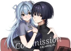 Rule 34 | 1boy, 1girl, arm around waist, black eyes, black hair, black shirt, black sleeves, blue hair, blunt ends, bow, bracelet, breasts, chinese clothes, chinese knot, closed mouth, commission, commissioner insert, couch, earrings, empty eyes, eyelashes, eyeliner, eyeshadow, genshin impact, gold, gold trim, grey shrug, grey sleeves, hair between eyes, hair bow, hair intakes, hair rings, hand on another&#039;s shoulder, hand on own chest, hetero, highres, jewelry, large breasts, long hair, long sleeves, looking at another, looking at viewer, makeup, mandarin collar, original, pillow, purple bow, red eyeliner, red eyeshadow, scaramouche (genshin impact), shirt, short sleeves, shrug (clothing), talking ok, tangzhuang, tsurime, twitter username, very long hair, watermark, white background, wispy bangs